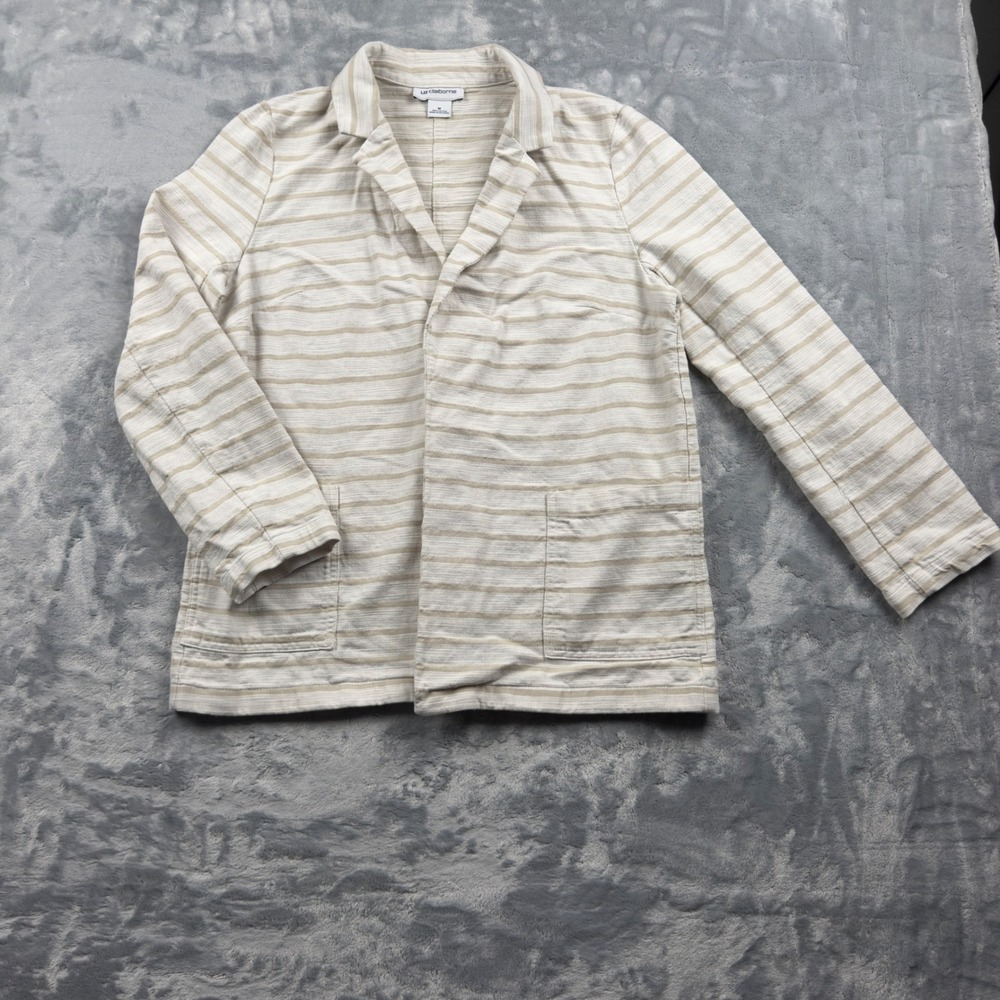 Liz Claiborne Tan White Striped Cotton Open Front Blazer Jacket Womens Medium